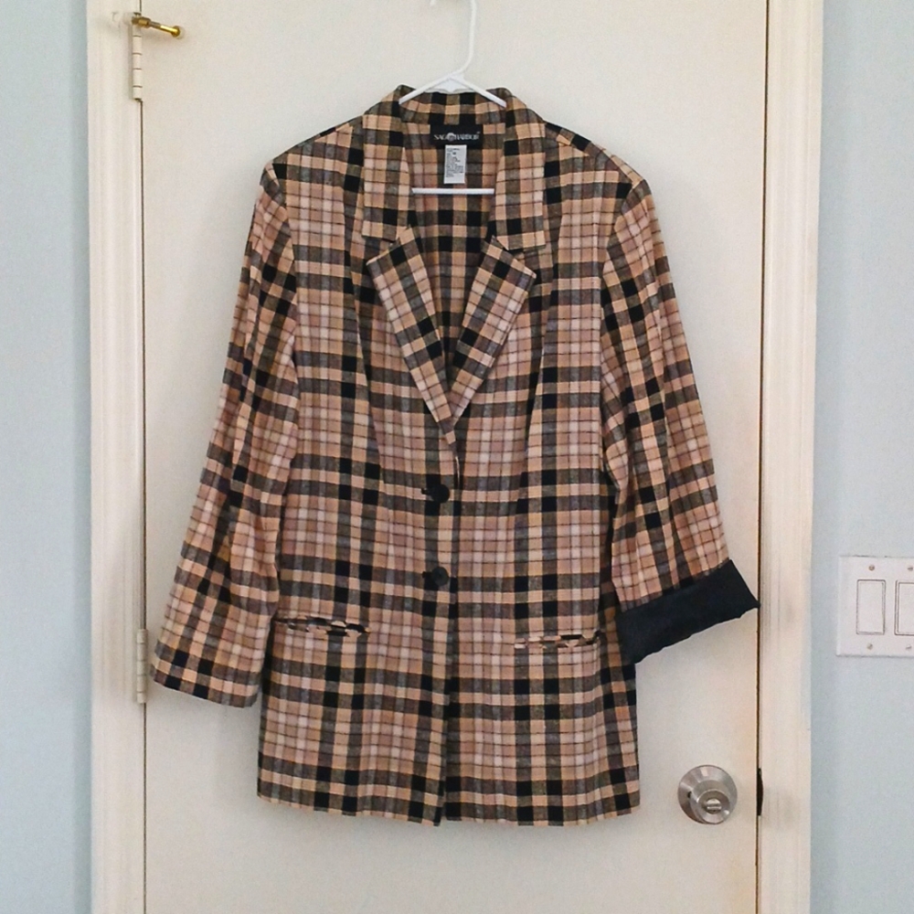 80's Sag Harbor beige/black plaid linen blazer